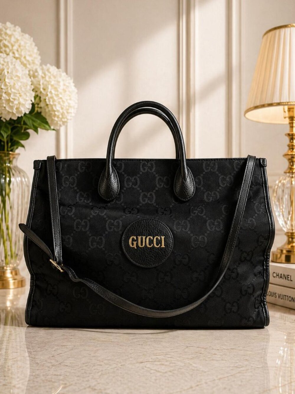 Authentic Gucci GG Nylon Tote Bag Black Leather Trim Large Shoulder Luxury Bag